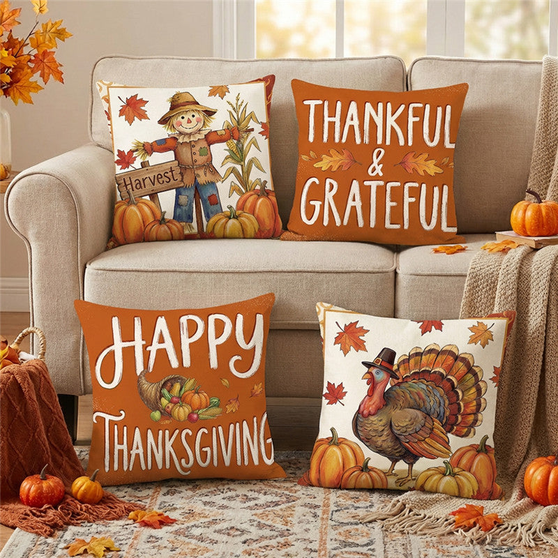 Autumn Harvest Cotton-Linen Square Throw Pillow Cover with Thanksgiving Turkey and Pumpkin Print
