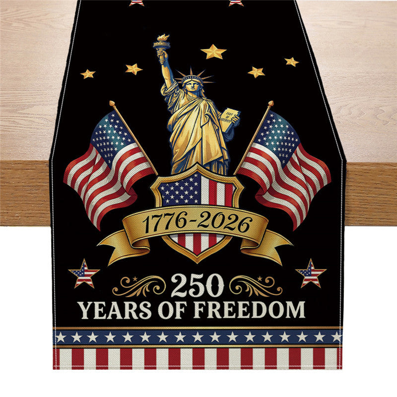Patriotic Cotton-Linen Table Runner with Statue of Liberty and American Flag Print