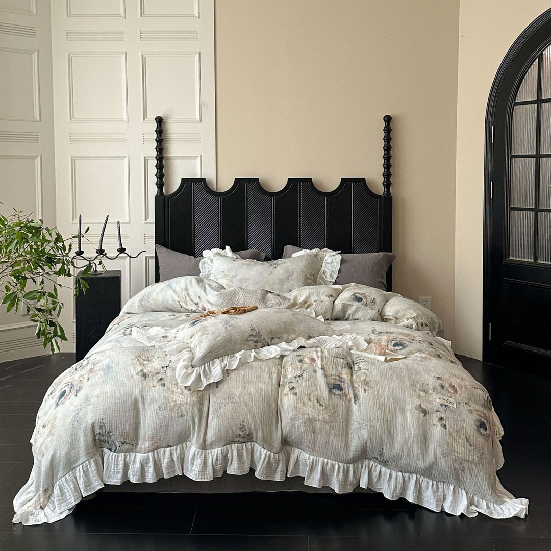 Crinkled Cotton Ruffled Duvet Cover Set with Floral Textured Finish & Frilled Shams