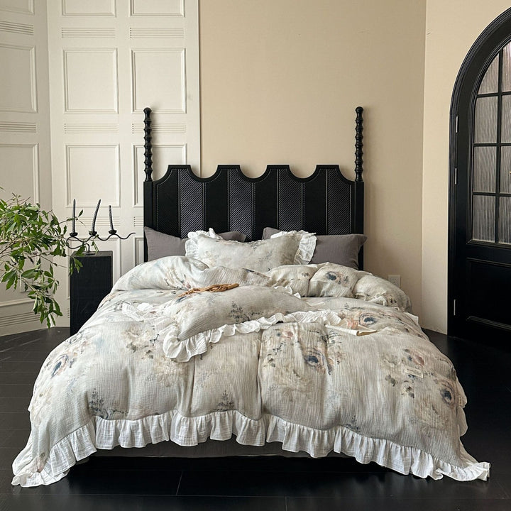 Crinkled Cotton Ruffled Duvet Cover Set with Floral Textured Finish & Frilled Shams