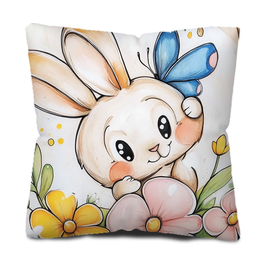 Cute Bunny and Butterfly Illustration Throw Pillow