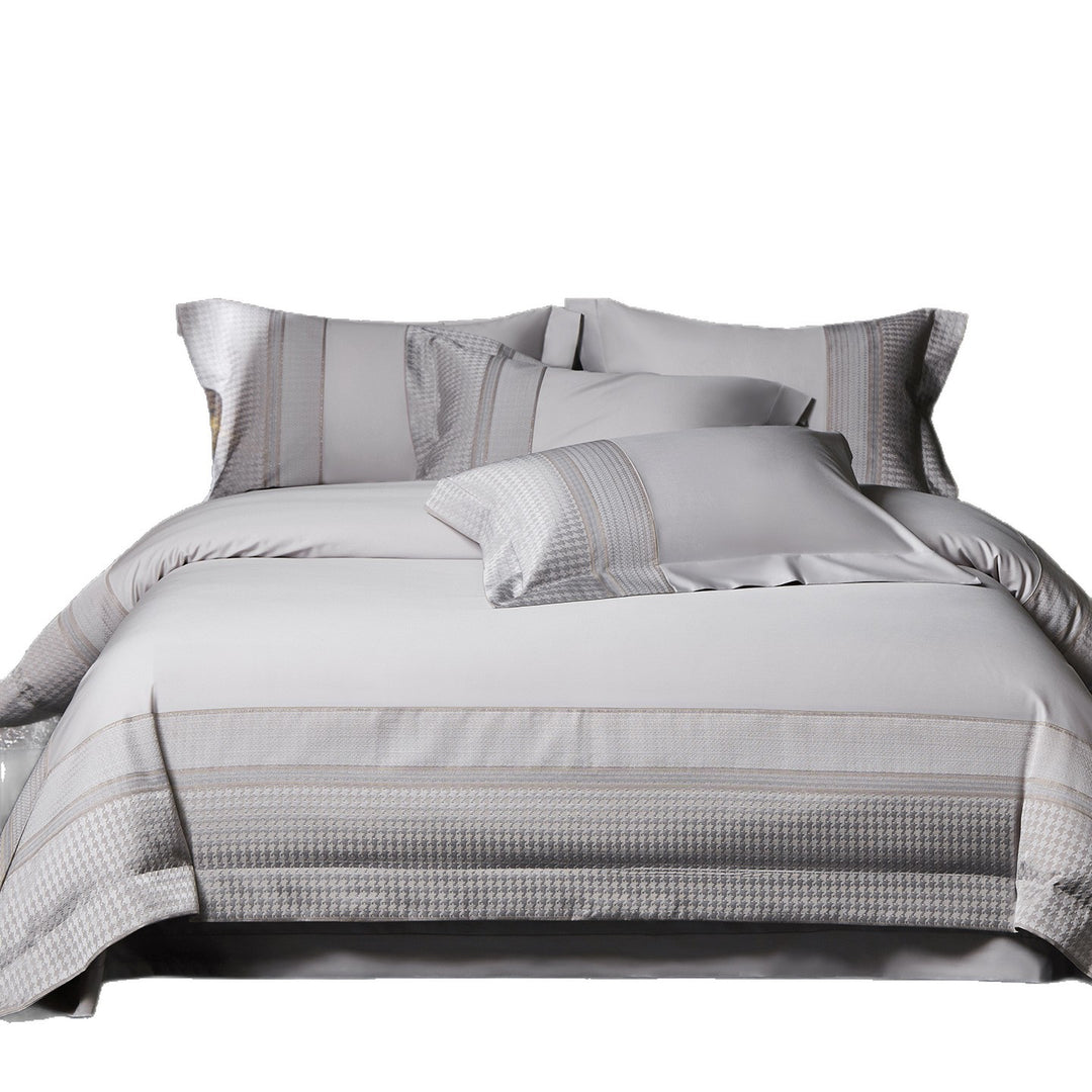 Luxurious cotton satin bedding set with houndstooth jacquard border and pillowcases