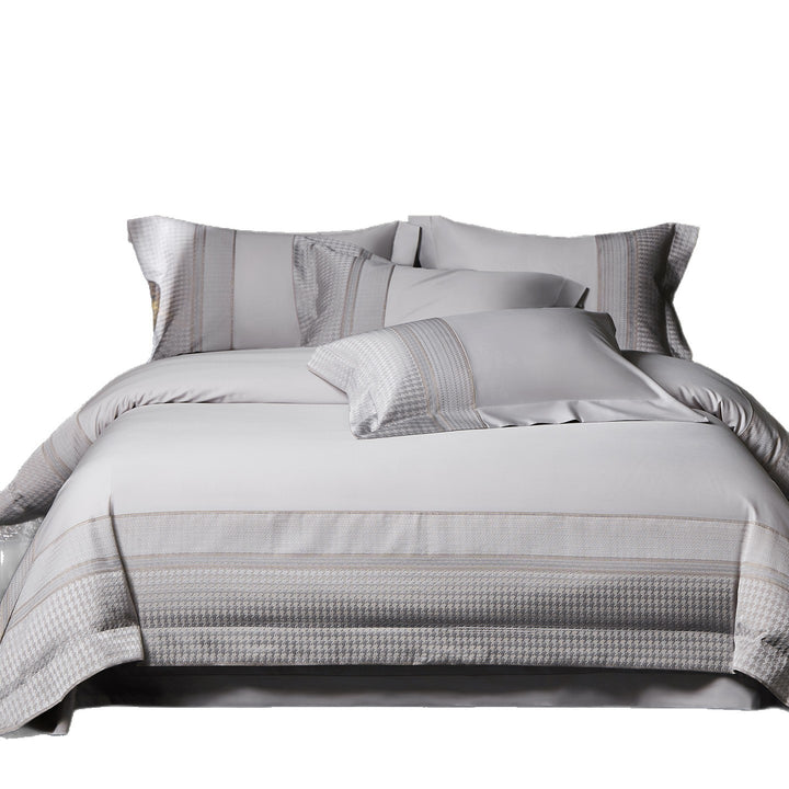 Luxurious cotton satin bedding set with houndstooth jacquard border and pillowcases