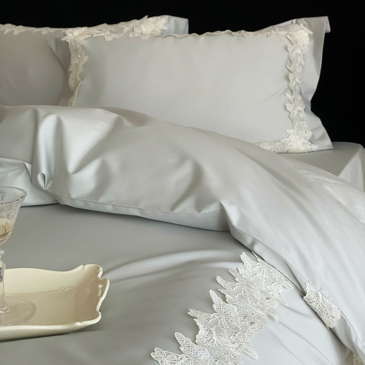 Satin Lace-Trim Duvet Cover Set with Eyelash Fringed Pillow Shams