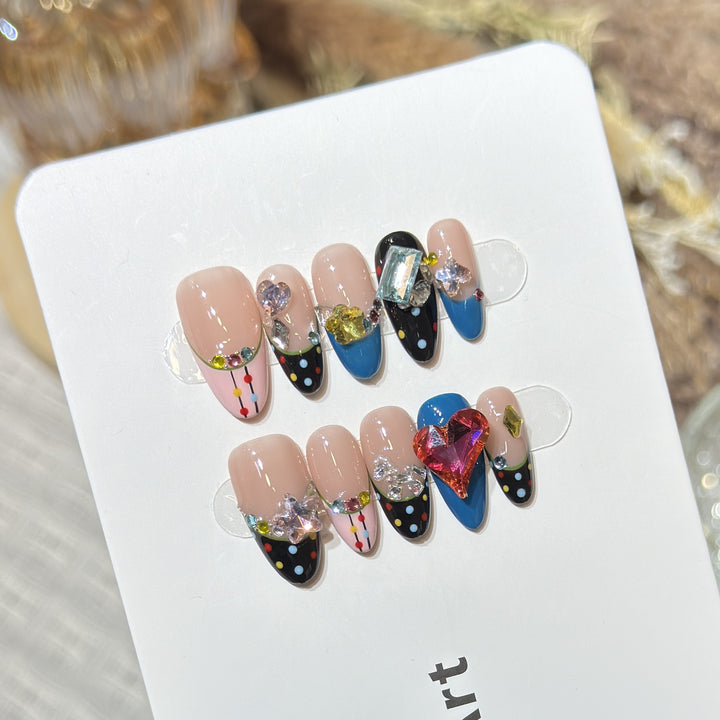 Artistic Press-On Nail Set with Colorful Jewel Accents Stornfield