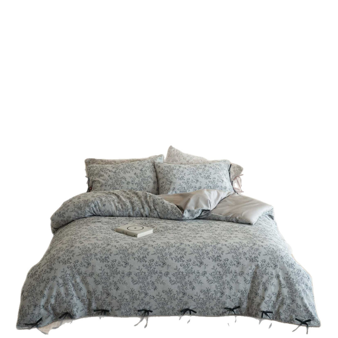 Botanical Tie-Detail Cotton Duvet Cover Set with Bow-Tied Hem & Reversible Shams