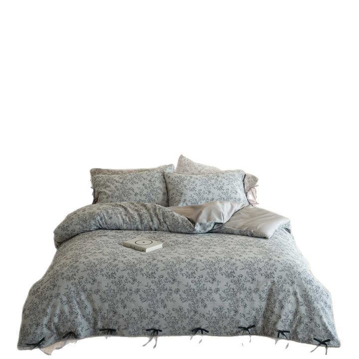Botanical Tie-Detail Cotton Duvet Cover Set with Bow-Tied Hem & Reversible Shams