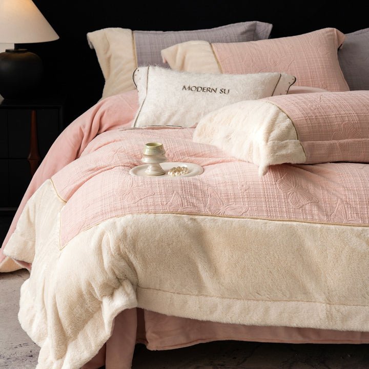 Plush Reversible Faux-Fur Comforter Set with Quilted Butterfly-Embossed Cotton Top and Decorative Throw Pillow