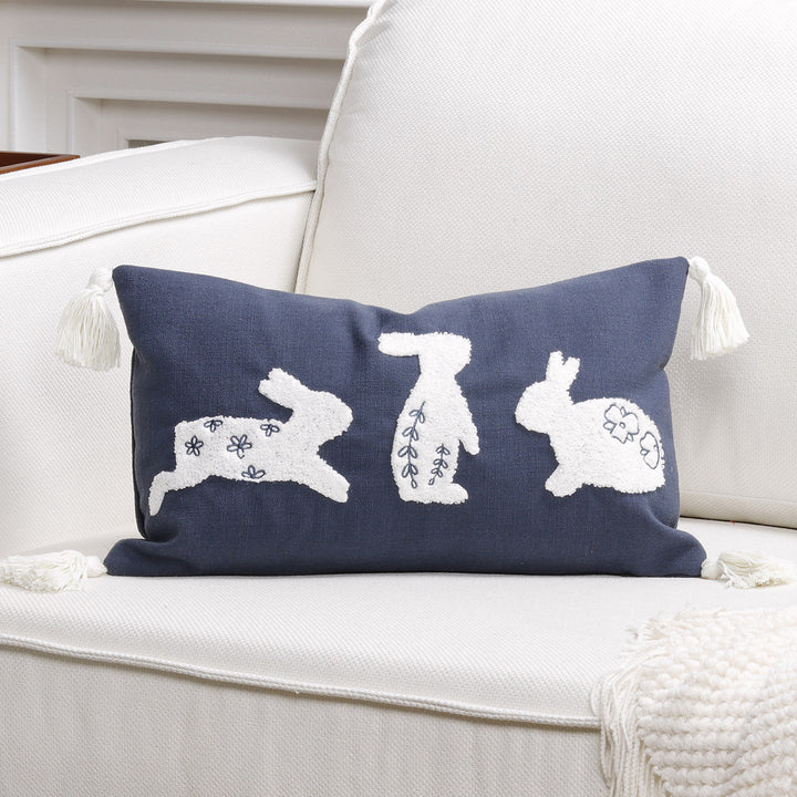 Decorative Lumbar Pillow Cover with Tufted Bunny Appliqués and Corner Tassels
