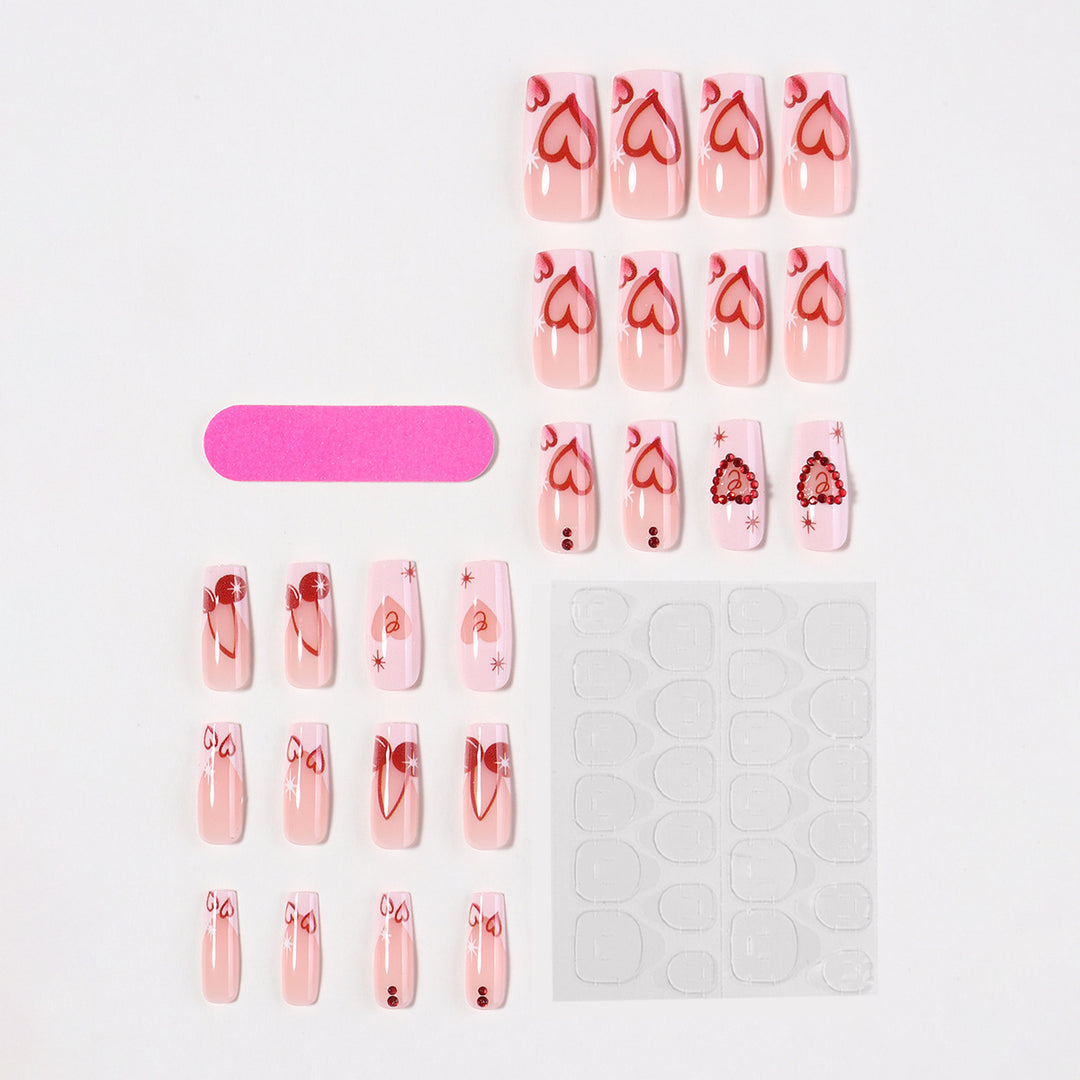 Artificial nail set with romantic heart designs and sparkling rhinestone decorations Stornfield