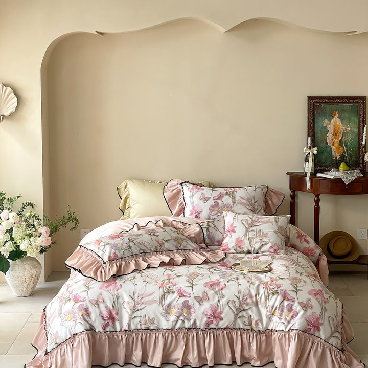 Ruffled Vintage Floral Duvet Cover Set with Pillow Shams and Bed Skirt