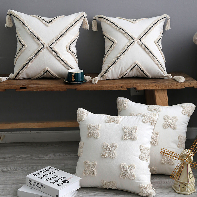 Handcrafted Boho Tufted Cotton Square Cushion Cover with Fringe Tassel Corners and Raised X Texture