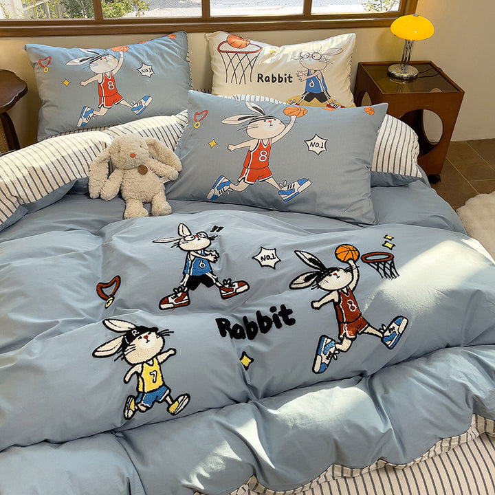 Cartoon Puppy Embroidered Cotton Duvet Cover Bedding Set with Plaid Accents