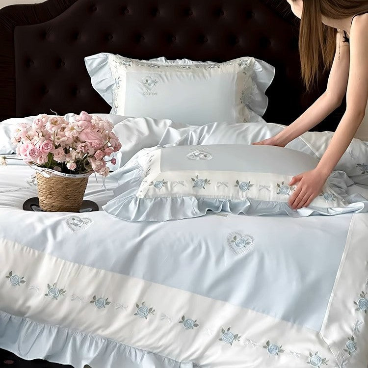 Romantic Embroidered Floral Satin-Trim Duvet Cover & Ruffled Sham Set
