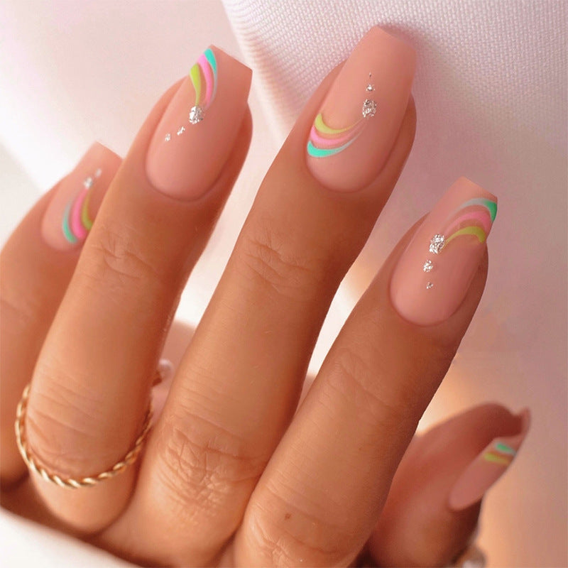 Artistic Press-On Nail Set with Colorful Wave Patterns Stornfield