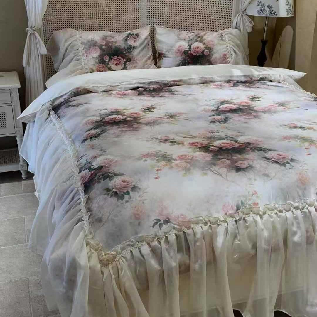 Floral Satin-Blend Ruffled Duvet Cover Set with Pillow Shams and Sheer Bed Skirt