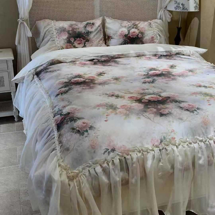 Floral Satin-Blend Ruffled Duvet Cover Set with Pillow Shams and Sheer Bed Skirt