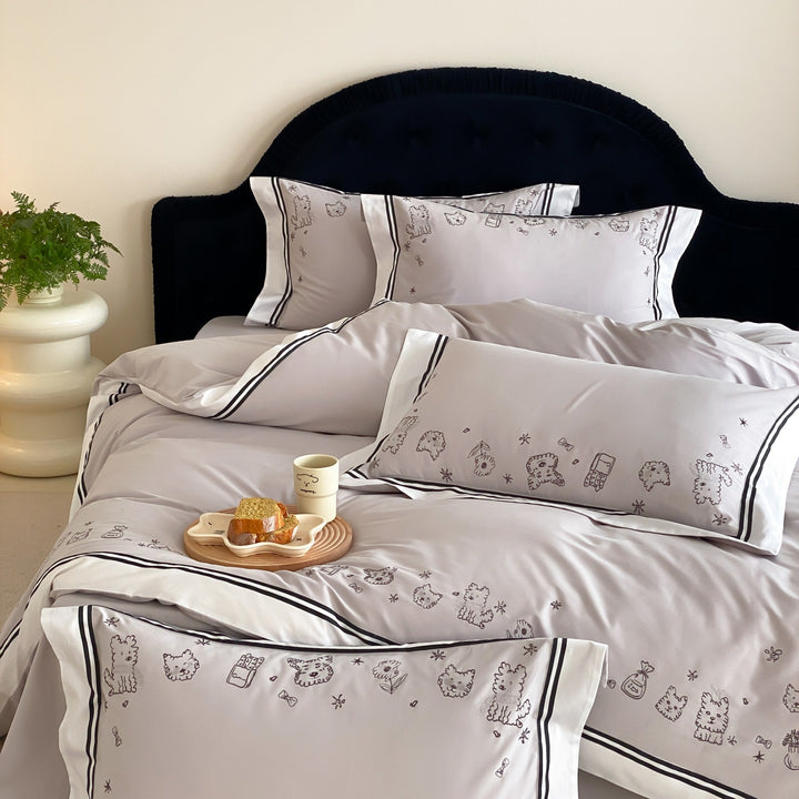 Cotton satin bed linen set with cute dog sketch embroidery and contrast piping