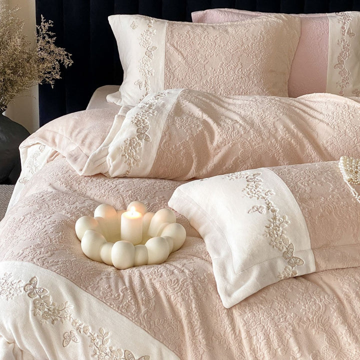 Embroidered Quilted Cotton-Sateen Duvet Cover Set with Floral & Butterfly Motif