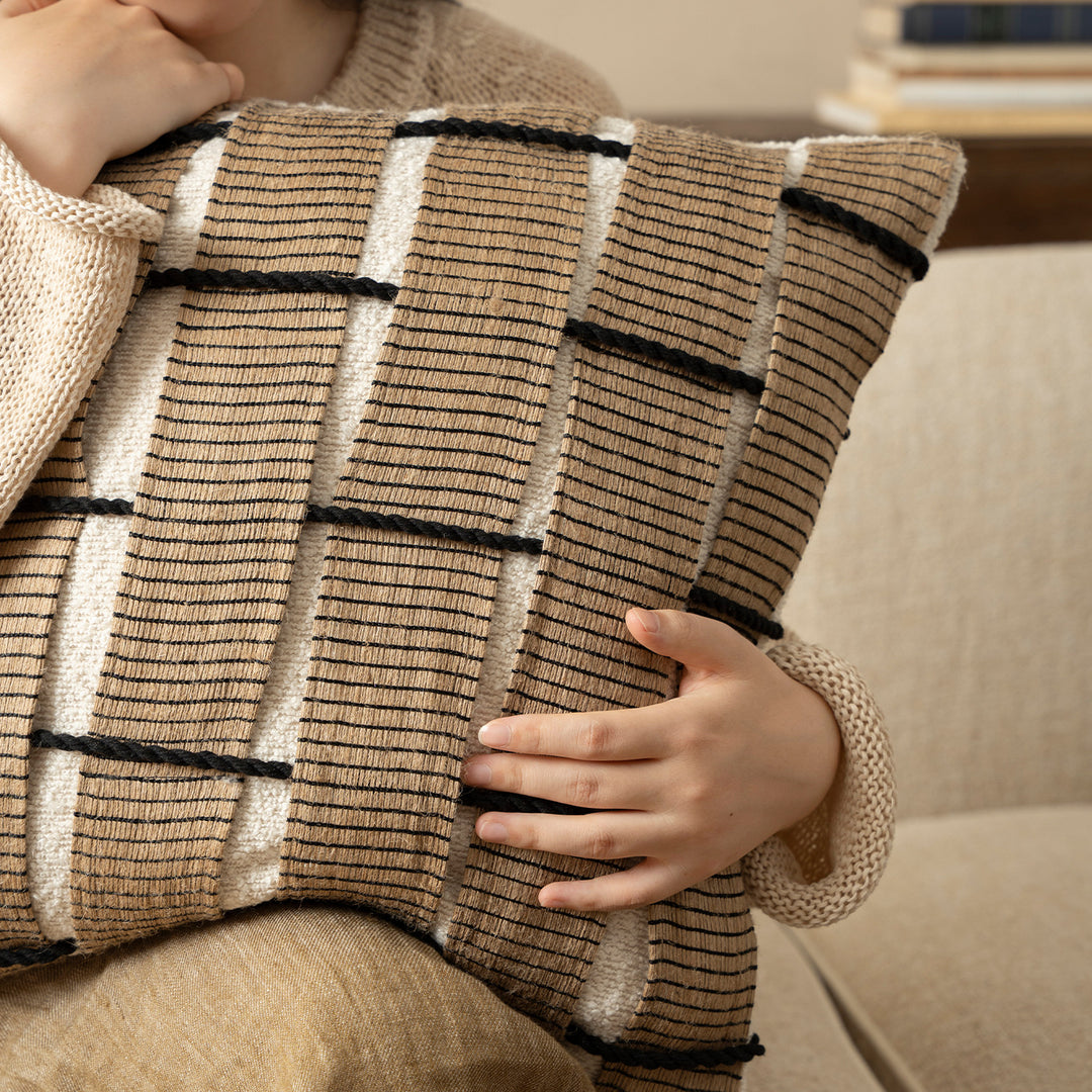 Square Decorative Cushion with Woven Checkered Pattern Relief Structure Stornfield