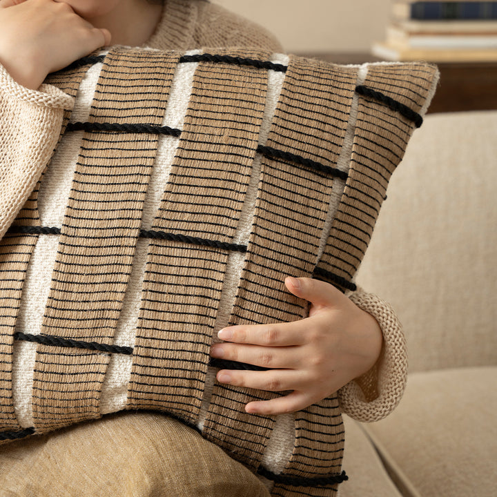 Square Decorative Cushion with Woven Checkered Pattern Relief Structure Stornfield