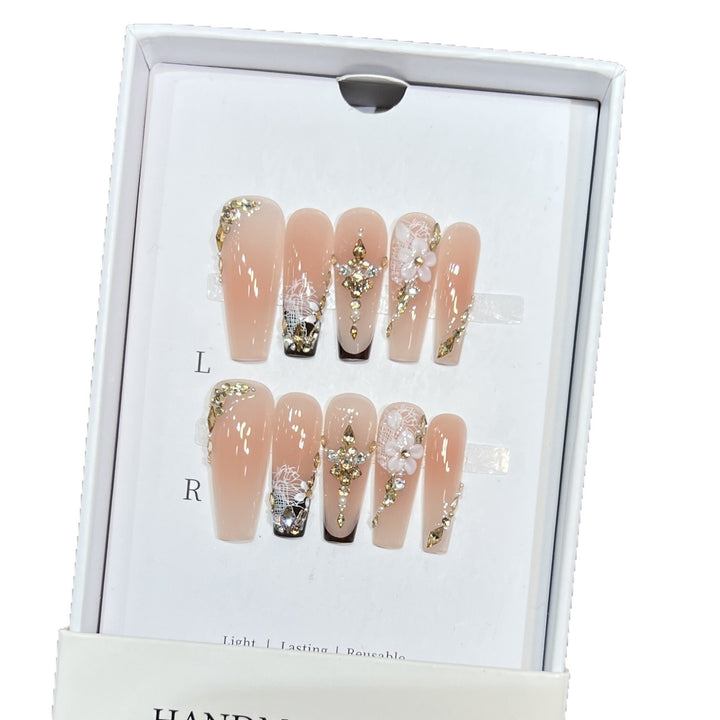Artistic Reusable Press-On Nail Set with Floral and Gold Accents Stornfield