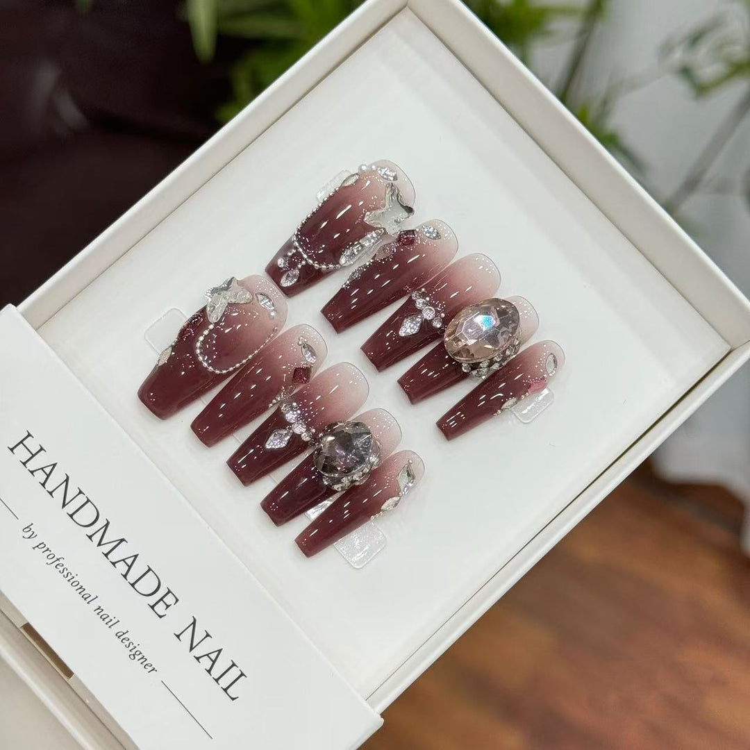 Premium Handmade Press-On Nail Art Set with Glittering Gem Accents