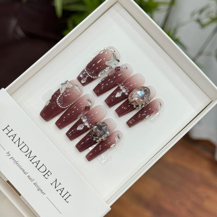 Premium Handmade Press-On Nail Art Set with Glittering Gem Accents