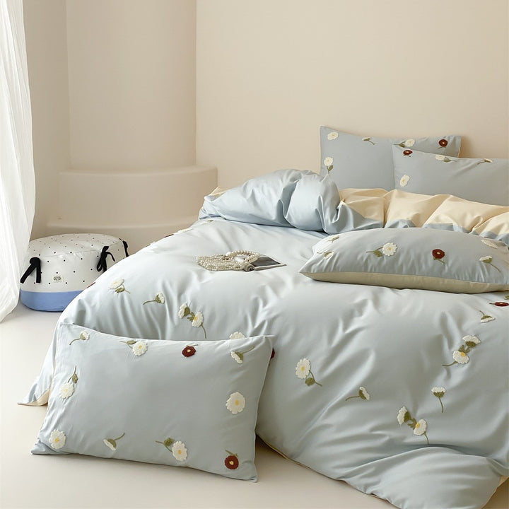 Embroidered Floral Cotton-Sateen Duvet Cover Ensemble with Reversible Satin Back & Oxford Shams