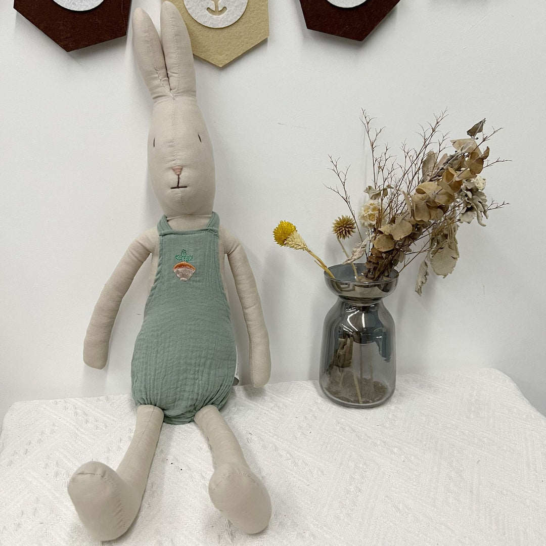 Handmade Organic Cotton Long-Leg Bunny Plush with Embroidered Overalls