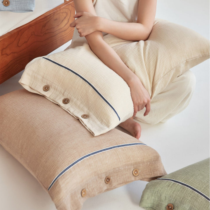 Crinkled Cotton Gauze Duvet Cover & Button-Closure Pillowcase Set with Decorative Metal Buttons and Contrast Tape Trim