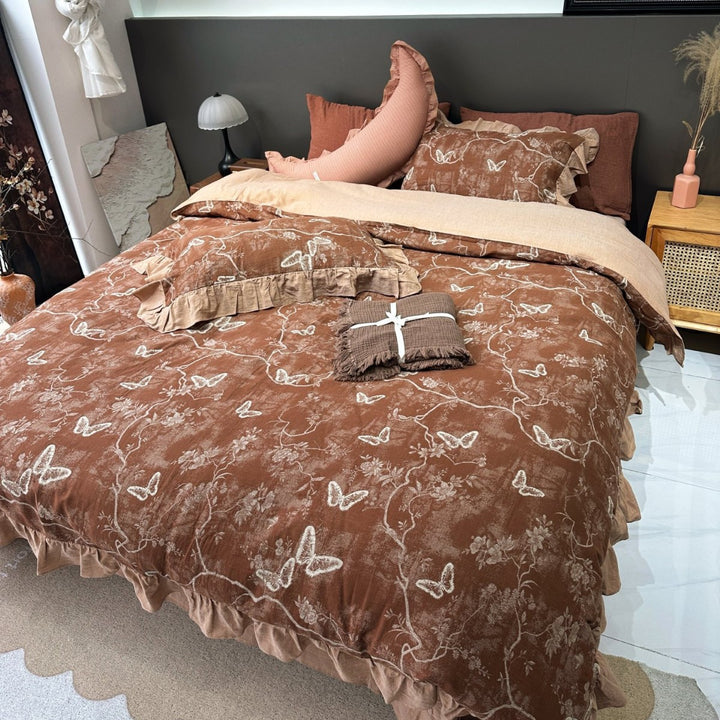 Floral Ruffled Linen-Blend Duvet Cover Set with Ruffle-Trim Shams