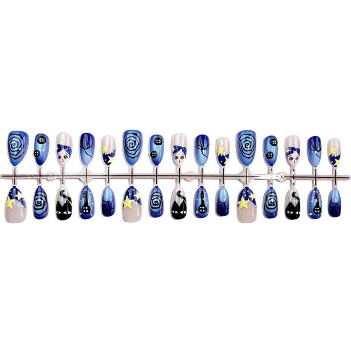 Artistic Press-On Nail Art Set with Celestial Motifs