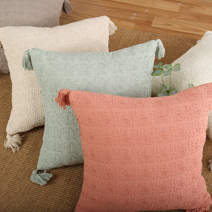 Decorative Rectangular and Square Textured Chenille Throw Pillow Set with Corner Tassels
