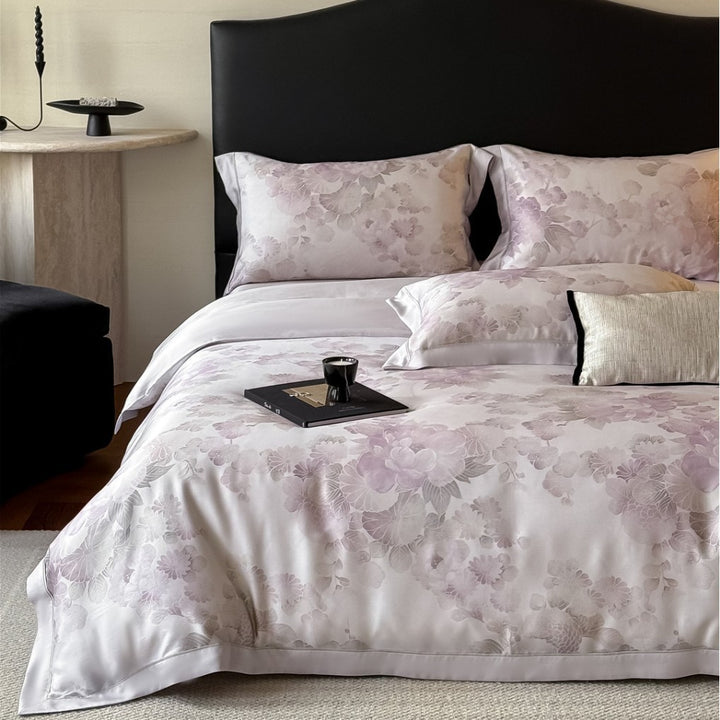 Pastel Watercolor Floral Sateen-Back Duvet Cover Set with Piped Hem