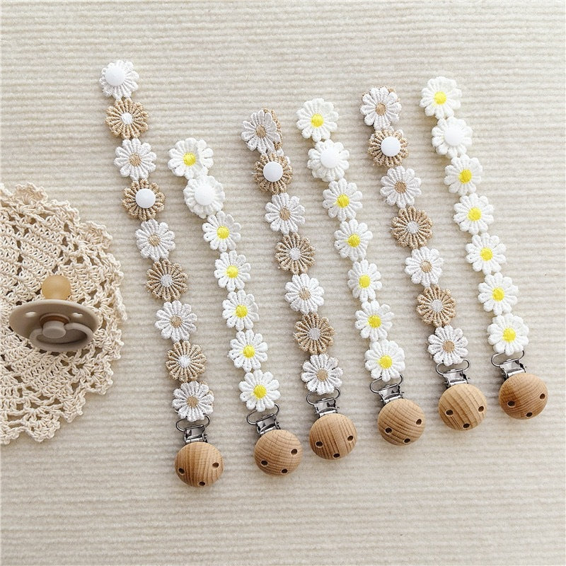 Floral Crochet Pacifier Holder with Wooden Safety Clip