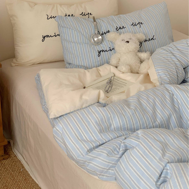 Reversible Cotton Duvet Cover Set with Script-Embroidered Pillowcases and Deep-Pocket Fitted Sheet