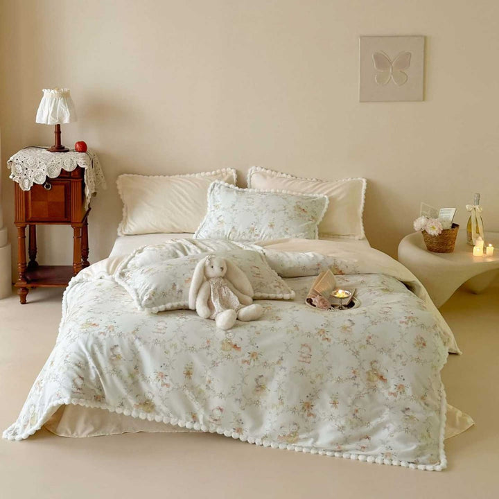 Romantic Floral Cotton Duvet Cover Set with Pom-Pom Trim and Matching Pillow Shams