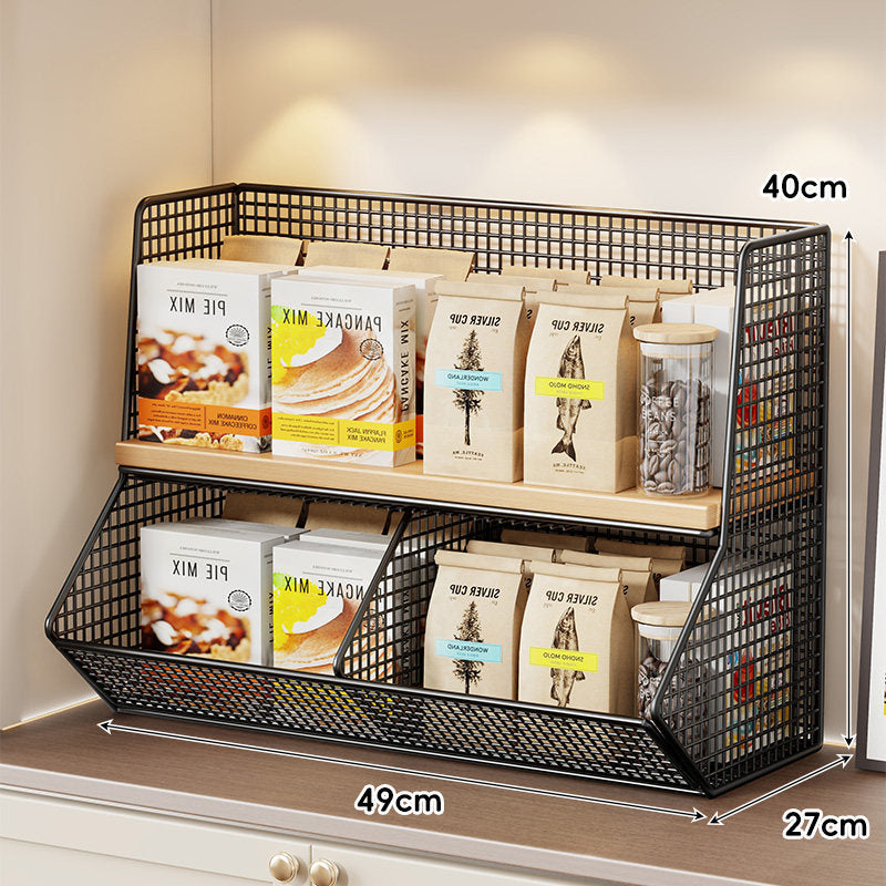 Compact Mesh Countertop Pantry Organizer with Two Wooden Shelves and Deep Front Basket