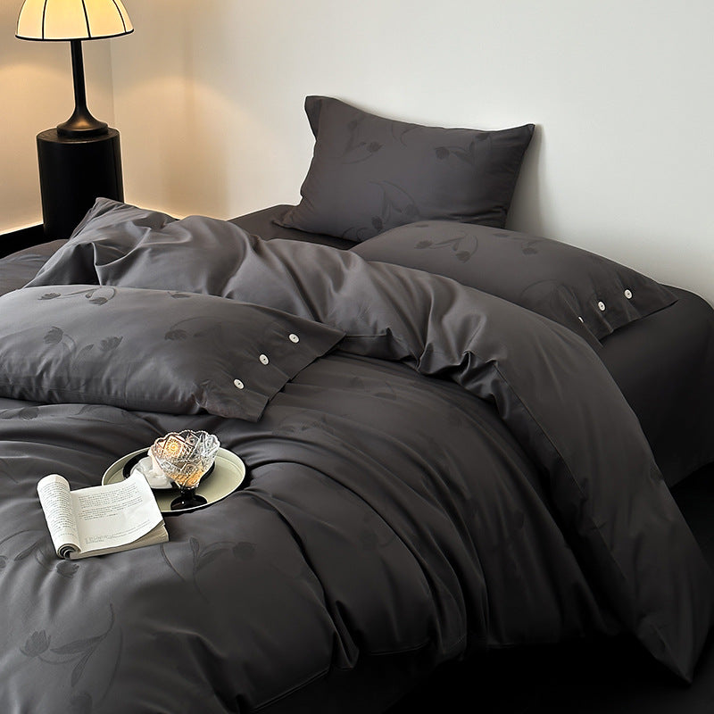 Premium duvet cover set made of cotton satin with tonal floral jacquard and button closure