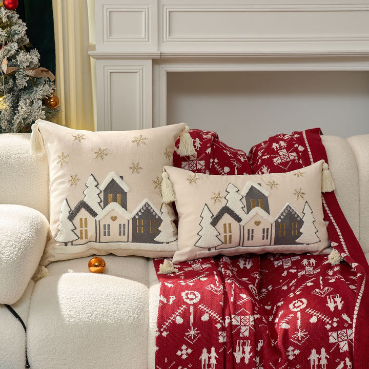 Festive Embroidered Snowy Village Tassel Throw Pillow Set