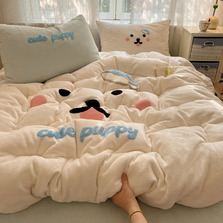 Plush Embroidered Kawaii Cat Comforter Set
