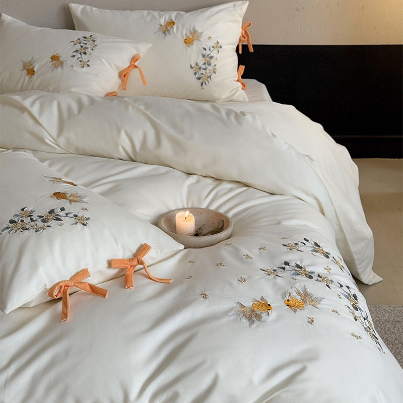 Embroidered Cotton-Sateen Duvet Cover Set with Goldfish Motif and Tie-Bow Closures