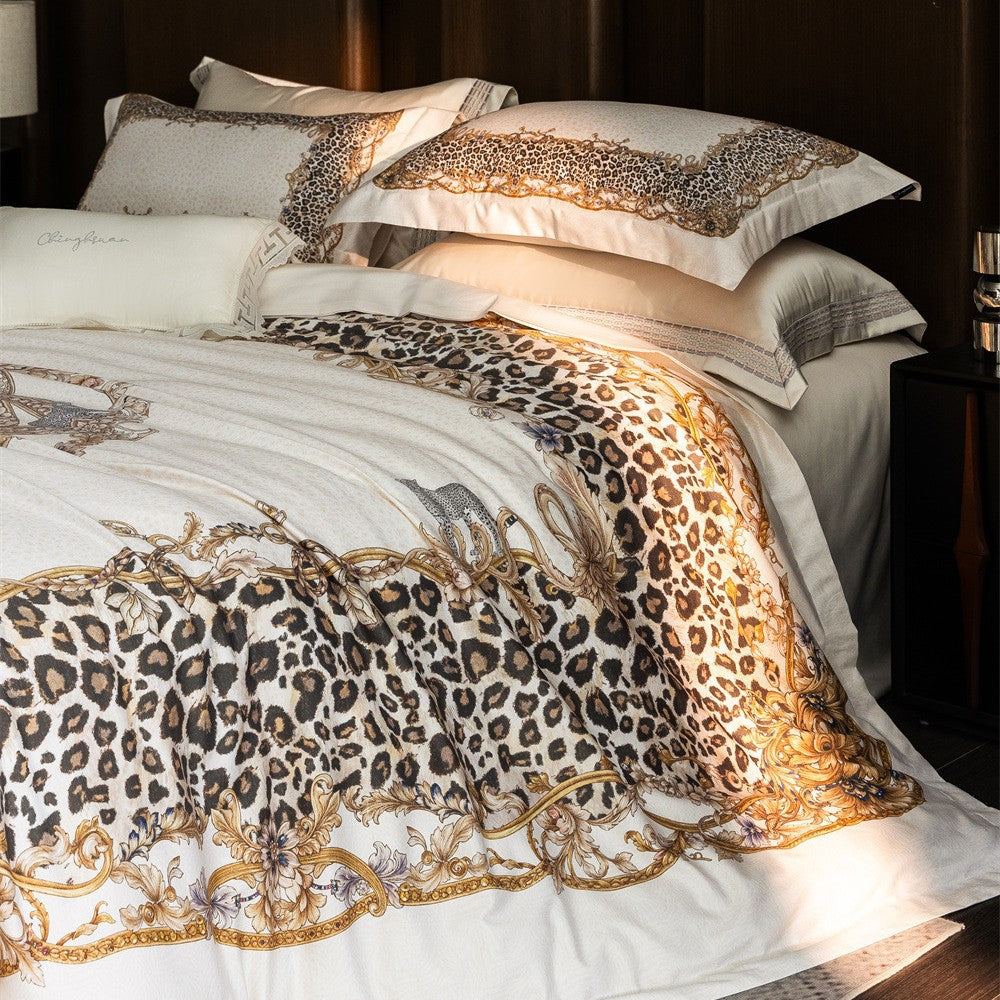 Luxurious satin bedding set with baroque leopard pattern