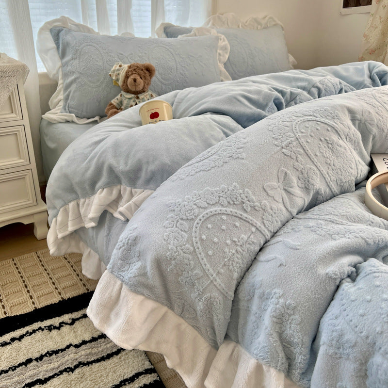 Plush Embossed Velvet-Feel Ruffled Duvet Cover Set with Frilled Pillow Shams