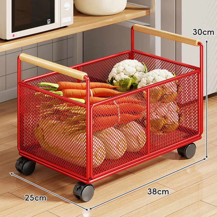 Rolling Mesh Kitchen Storage Cart with Wooden Handles