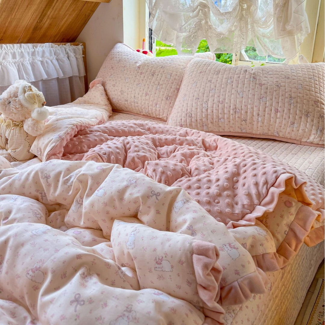 Children's Quilted Reversible Minky-Back Duvet Comforter Set with Ruffled Edge