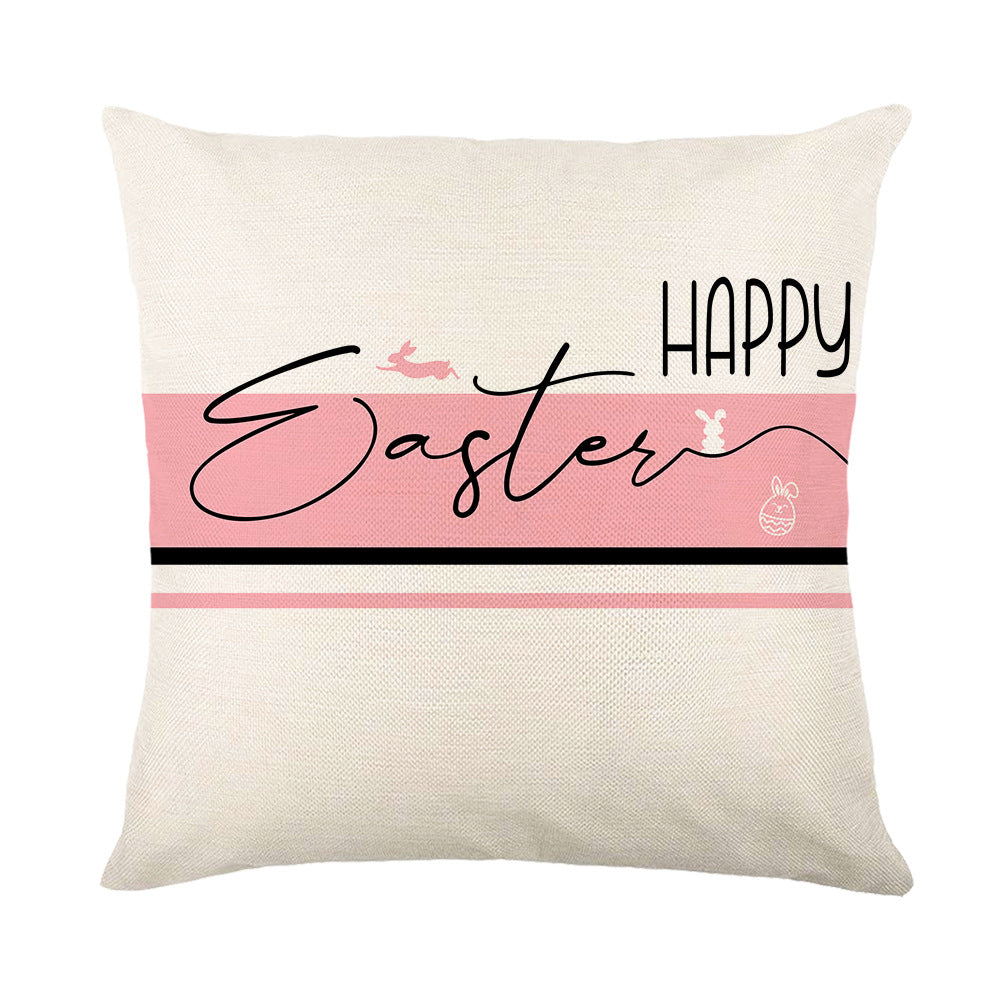 Spring Easter Cotton-Linen Square Decorative Throw Pillow Cover with 'Happy Easter' Script Print