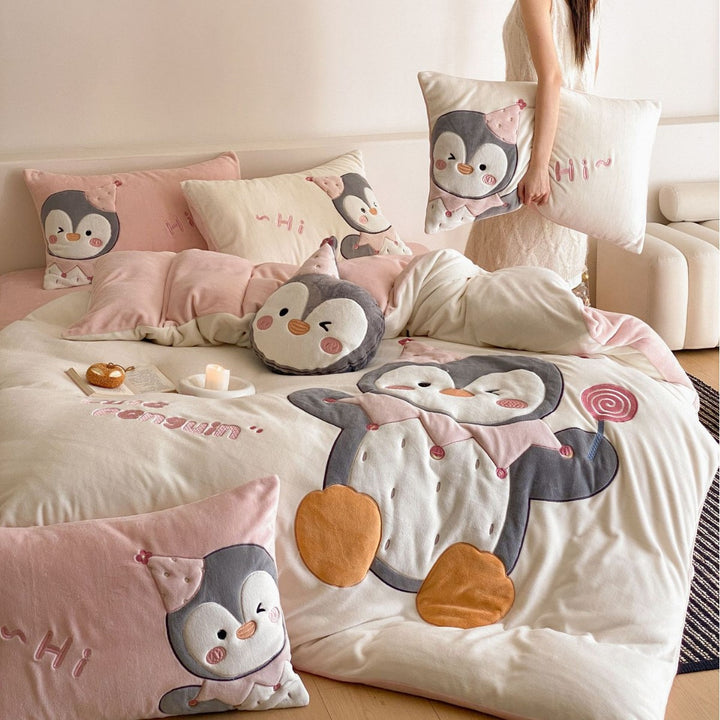 Cute Plush Appliqué Penguin Duvet Cover Set with Quilted Pillow Shams