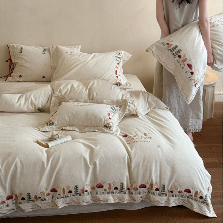 Embroidered Botanical Cotton Duvet Cover Set with Scalloped Ruffle & Pillow Shams